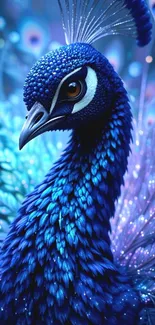 Majestic blue peacock with radiant feathers in artistic design.
