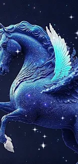 Ethereal blue Pegasus with glowing wings in a starry night sky.