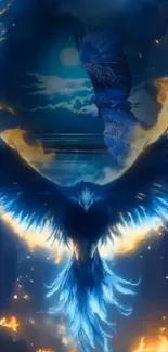 Blue phoenix soaring in an ethereal sky displaying mystical hues.