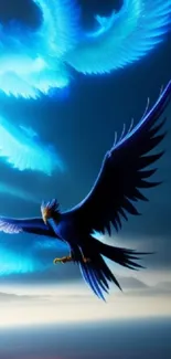 Majestic blue phoenix soaring in a vibrant sky.