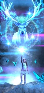 Child reaching towards a glowing blue stag and butterflies in a mystical forest scene.