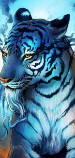 Majestic blue tiger with vibrant fish background.