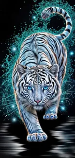 Blue tiger with cosmic design on mobile wallpaper.