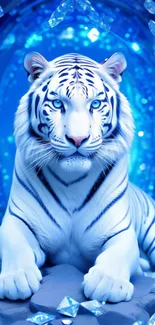 Majestic white tiger in a blue crystal setting, perfect for mobile wallpaper.