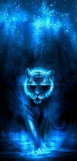 A majestic blue tiger glowing in a starlit night scene, perfect for mobile wallpaper.