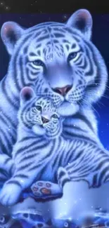 Stylized blue tiger duo with enchanting aura.