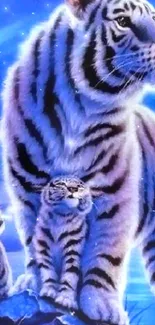 Majestic white tiger family in a serene blue setting.