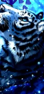 Majestic blue tiger with sparkling stars as a phone wallpaper.