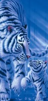 White tiger with cub in a blue forest wallpaper.