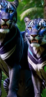 Two majestic blue tigers in a lush forest setting, perfect for mobile wallpaper.