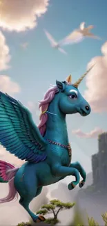 Majestic blue unicorn with wings in a fantasy sky.