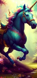 Majestic blue unicorn in an enchanted forest wallpaper.