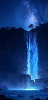 A majestic blue waterfall under a starry sky.