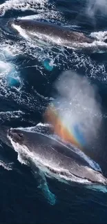 Two majestic blue whales swimming with vibrant ocean spray.