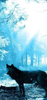 Black wolf in a tranquil blue forest scene.