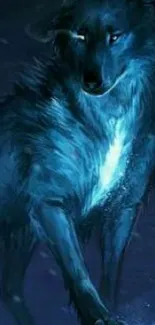 Blue wolf in a mystical dark forest, glowing in moonlight.