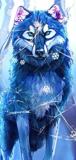 Majestic blue wolf in a snowy forest, digital artwork.