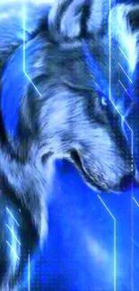 Electric blue wolf with night sky background mobile wallpaper.