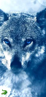 Majestic wolf in a blue-toned forest scene.