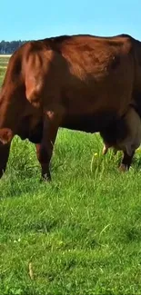 A majestic brown cow grazing in a lush green meadow under a clear blue sky.