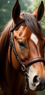 Majestic chestnut brown horse in a forest setting.