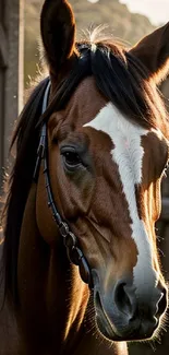 Majestic brown horse with a white blaze standing by a wooden gate.