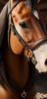 Majestic brown horse with leather bridle mobile wallpaper.