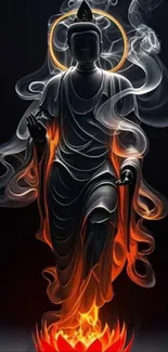 Buddha statue with fiery smoke and lotus flower mobile wallpaper.