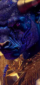 A blue bull adorned with gold jewelry, showcasing rich and vibrant colors.