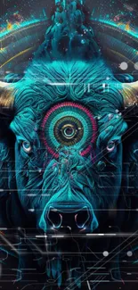 Majestic bull digital art wallpaper with vibrant cyan blue tones.