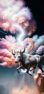 Fantasy wallpaper with a vibrant bull among colorful, ethereal clouds.