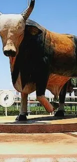 Majestic bull statue in a vibrant outdoor setting.