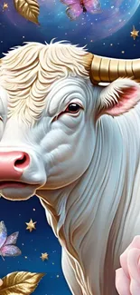 Illustration of a white bull with stars and butterflies.