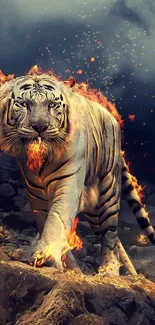 Burning tiger walking on rocky terrain, surrounded by flames.