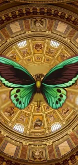 Green butterfly on ornate dome background wallpaper.