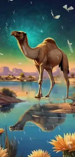 Majestic camel stands by reflecting desert lake under a starry sky with flowers.