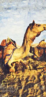 Camel sits in sandy desert, adorned with colorful textile.