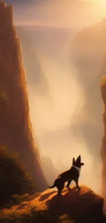 Dog standing on canyon ledge at sunrise with misty valley view.