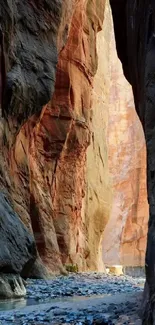 Stunning canyon passage with river flowing below rugged stone walls.