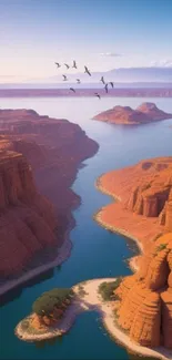 Majestic canyon river with orange rocks and birds flying, perfect for a mobile backdrop.