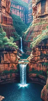 Enchanting canyon waterfall with lush greenery and cascading waters.
