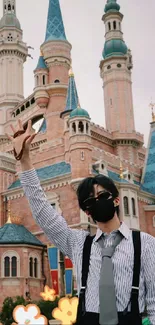 Man posing in front of a majestic castle with spires and blue rooftops.