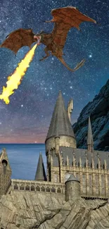 Castle under starry sky with fire-breathing dragon.