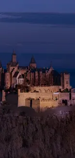 Majestic medieval castle against a dark blue dusk sky.