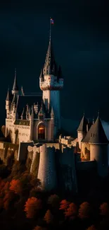 Majestic medieval castle under a dark blue night sky with autumn trees.