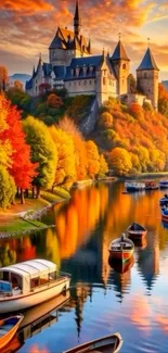 A majestic castle beside a river with autumn foliage and boats reflecting in the water.