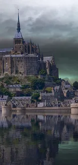 Majestic castle reflecting on a calm waterside at dusk.