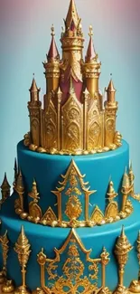 Decorative cake with a golden castle on top, perfect for birthdays.