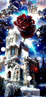 Fantasy castle with clouds and a red rose.