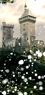 Majestic medieval castle with a fantasy aura and white glowing orbs.